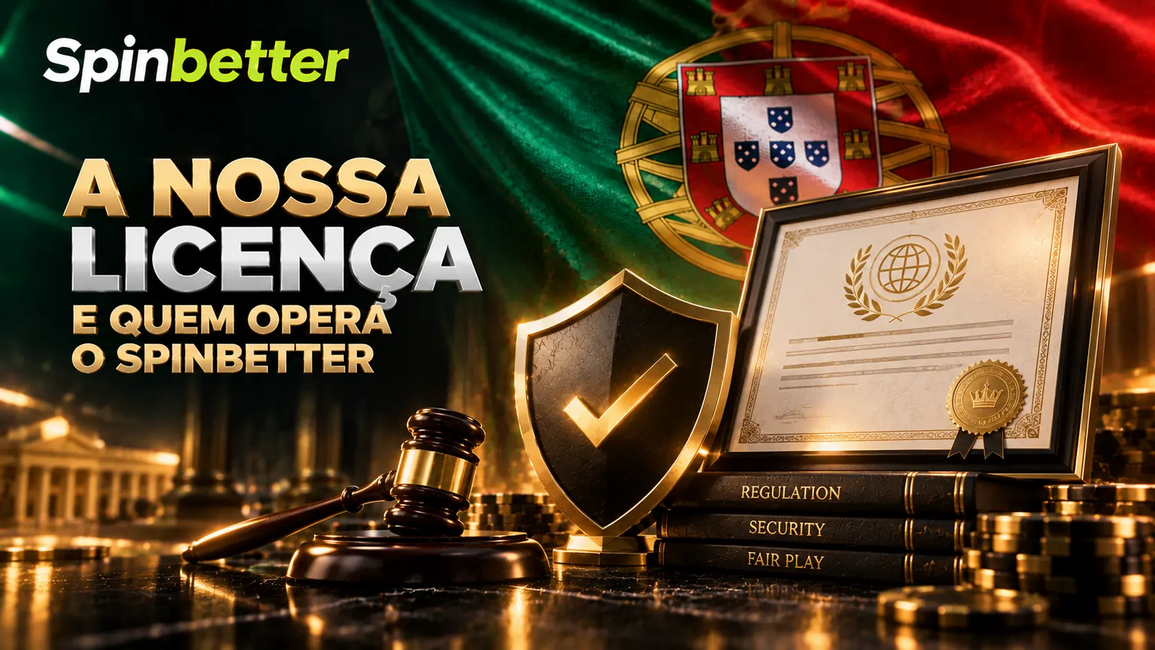 Certificado com selo, balança e livros de regulação a representar a licença