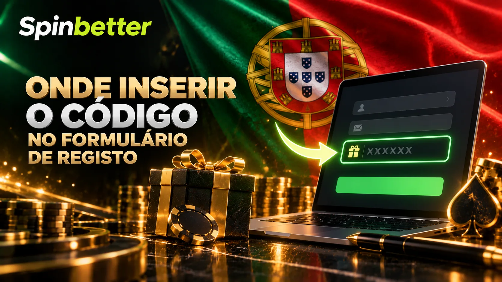 Formulário de registo com o campo de código promocional destacado por uma seta