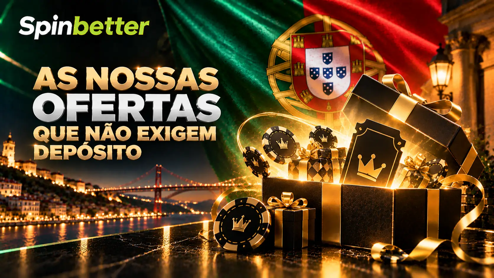 Caixas de oferta e fichas com coroa sobre a ponte 25 de Abril à noite